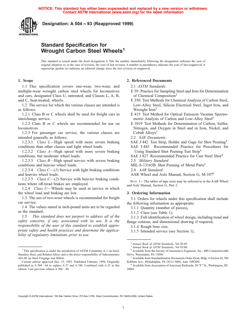 ASTM A504-93(1999) - Standard Specification for Wrought Carbon Steel Wheels