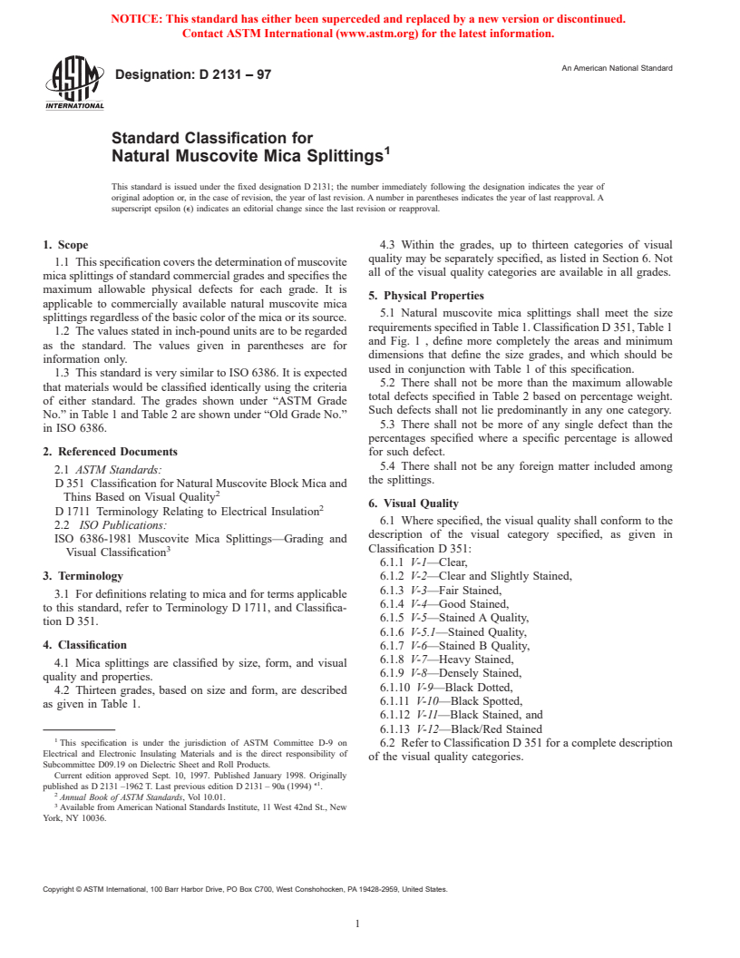 ASTM D2131-97 - Standard Specification for Natural Muscovite Mica Splittings