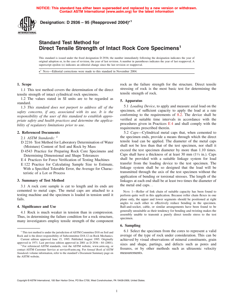 ASTM D2936-95(2004)e1 - Standard Test Method for Direct Tensile Strength of Intact Rock Core Specimens