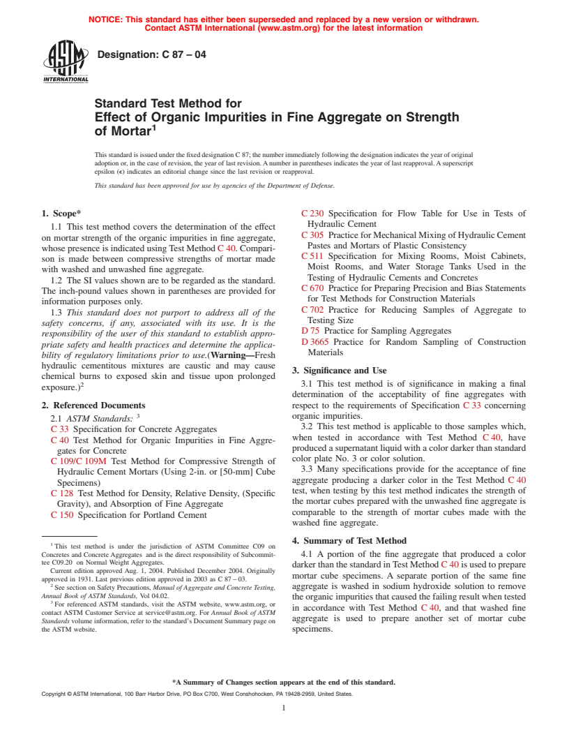 ASTM C87-04 - Standard Test Method for Effect of Organic Impurities in Fine Aggregate on Strength of Mortar