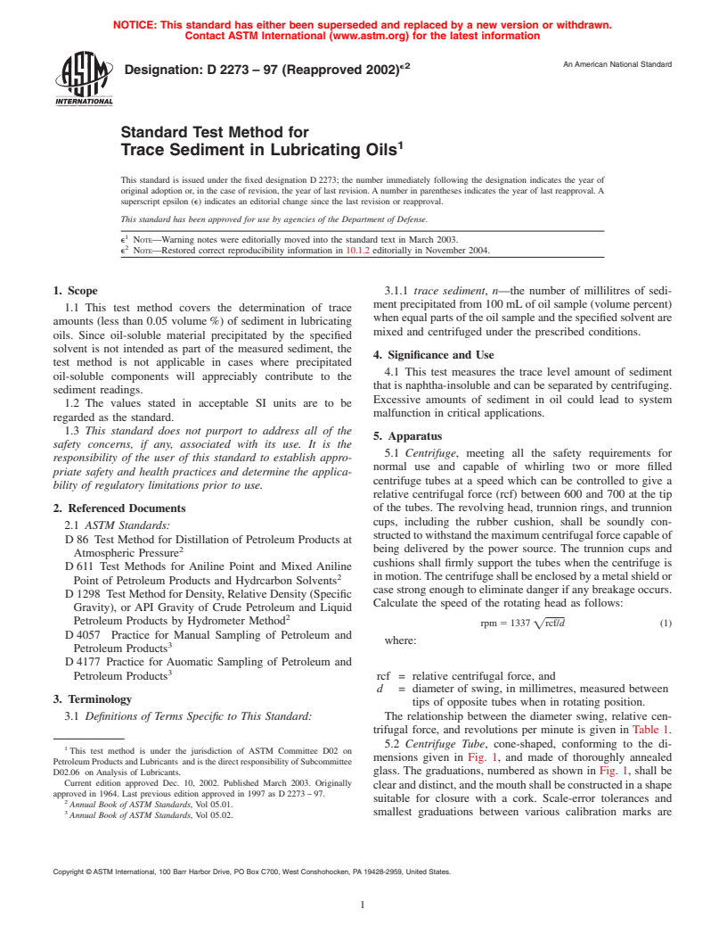 ASTM D2273-97(2002)e2 - Standard Test Method for Trace Sediment in Lubricating Oils