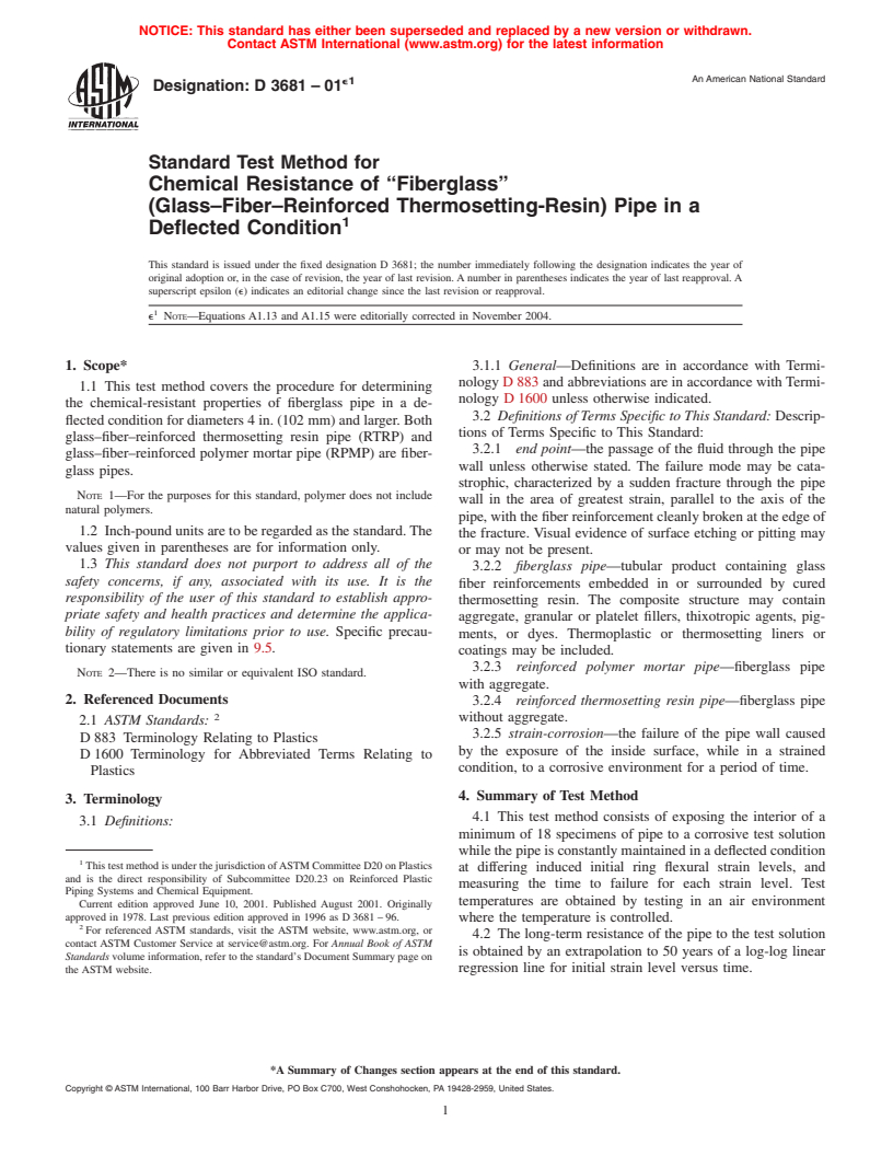 ASTM D3681-01e1 - Standard Test Method for Chemical Resistance of "Fiberglass" (Glass-Fiber-Reinforced Thermosetting-Resin) Pipe in a Deflected Condition