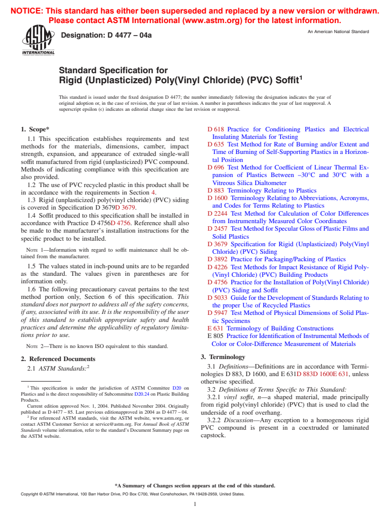ASTM D4477-04a - Standard Specification for Rigid (Unplasticized) Poly(Vinyl Chloride) (PVC) Soffit