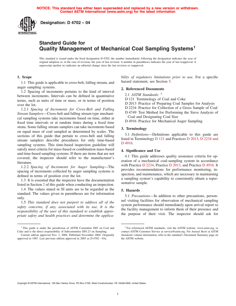 ASTM D4702-04 - Standard Guide for Quality Management of Mechanical Coal Sampling Systems