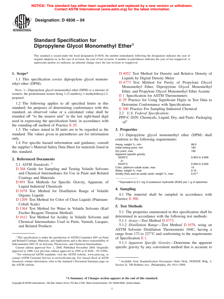 ASTM D4836-04 - Standard Specification for Dipropylene Glycol Monomethyl Ether