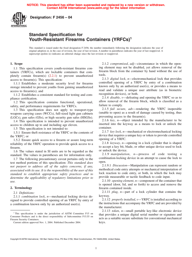 ASTM F2456-04 - Standard Specification for Youth-Resistant Firearms Containers (YRFCs)