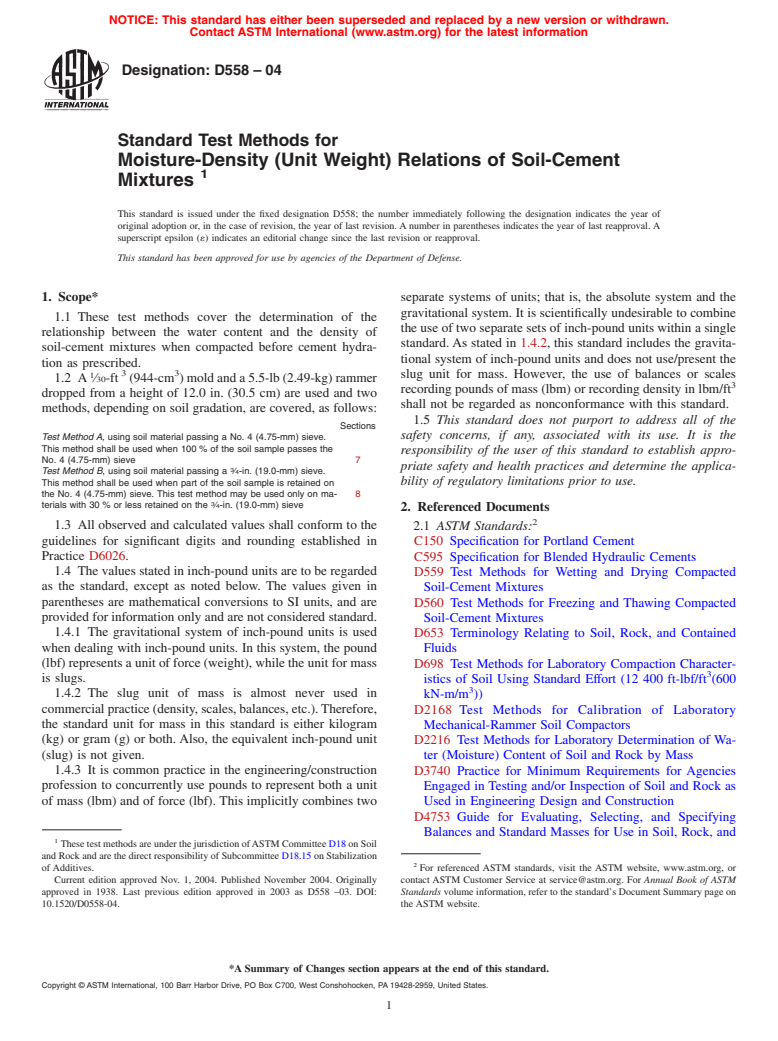 ASTM D558-04 - Standard Test Methods for Moisture-Density (Unit Weight) Relations of Soil-Cement Mixtures