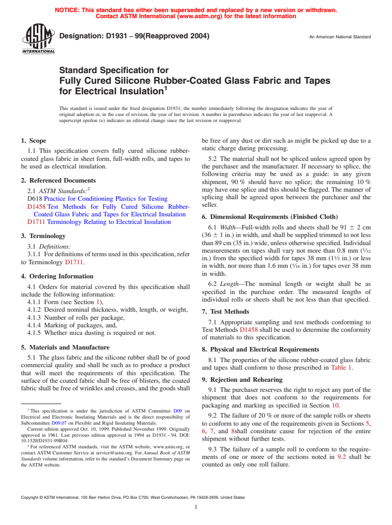 ASTM D1931-99(2004) - Standard Specification for Fully Cured Silicone Rubber-Coated Glass Fabric and Tapes for Electrical Insulation (Withdrawn 2013)