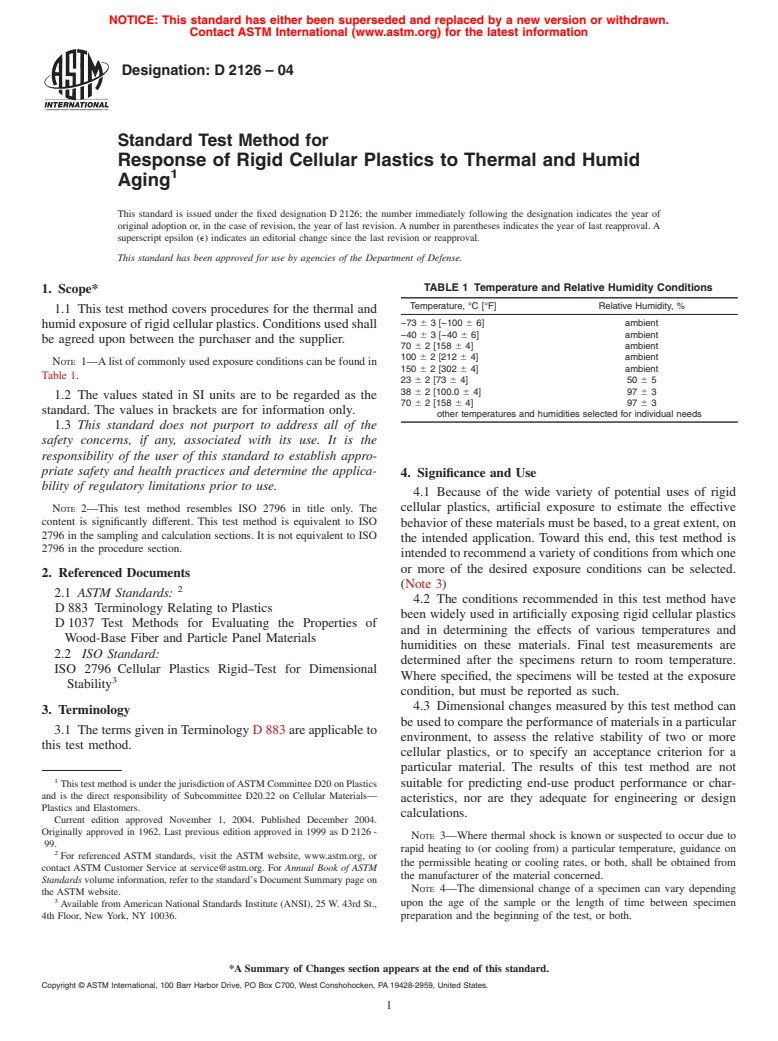 ASTM D2126-04 - Standard Test Method for Response of Rigid Cellular Plastics to Thermal and Humid Aging