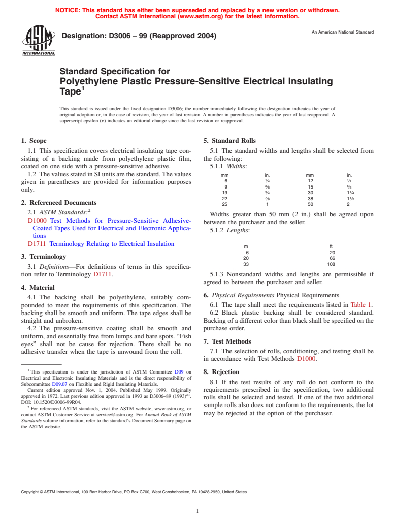 ASTM D3006-99(2004) - Standard Specification for Polyethylene Plastic Pressure-Sensitive Electrical Insulating Tape