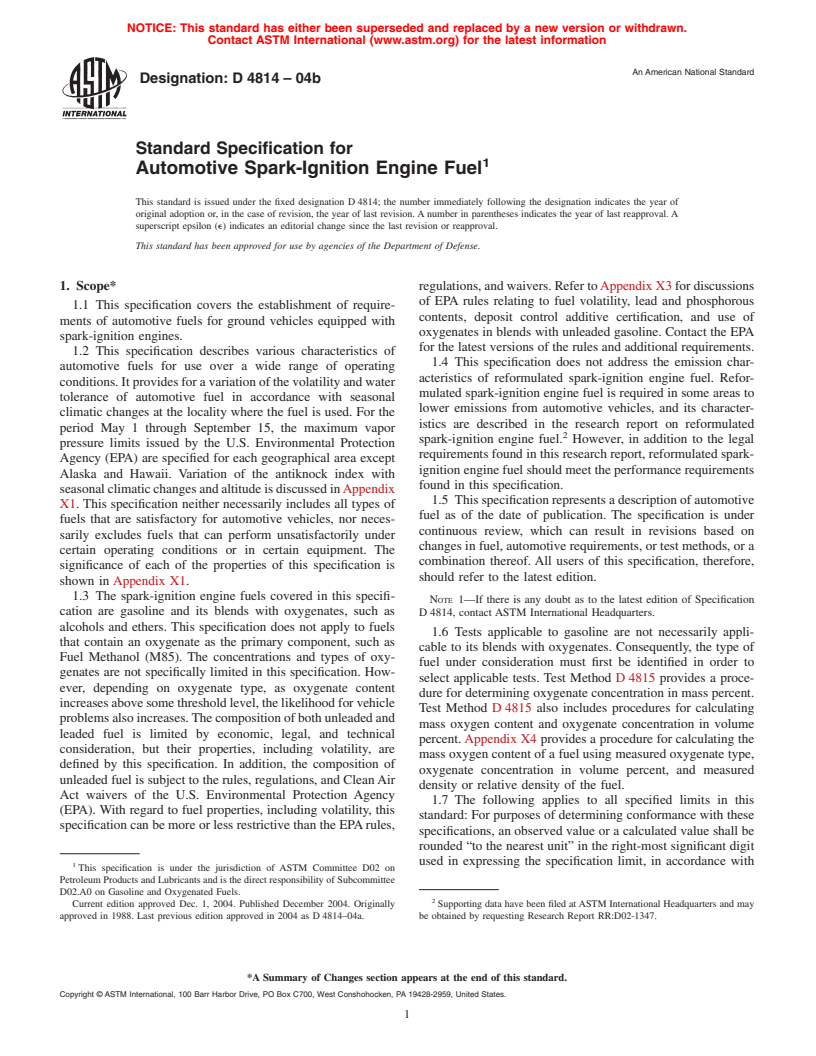 ASTM D4814-04b - Standard Specification for Automotive Spark-Ignition Engine Fuel
