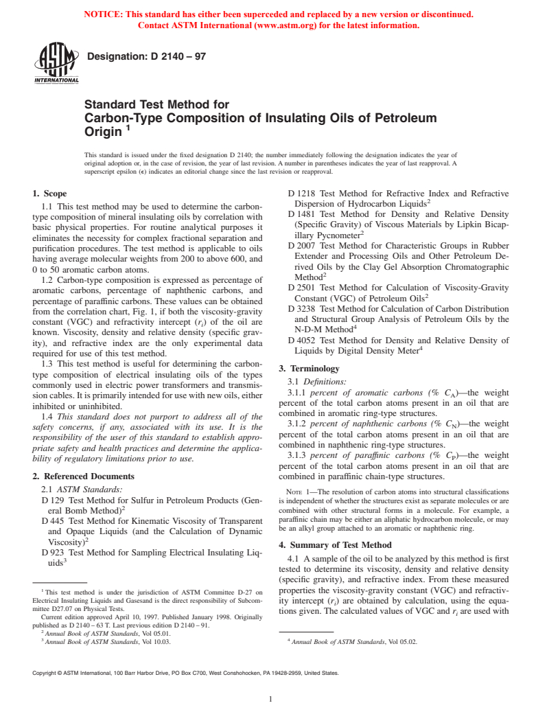 ASTM D2140-97 - Standard Test Method for Carbon-Type Composition of Insulating Oils of Petroleum Origin