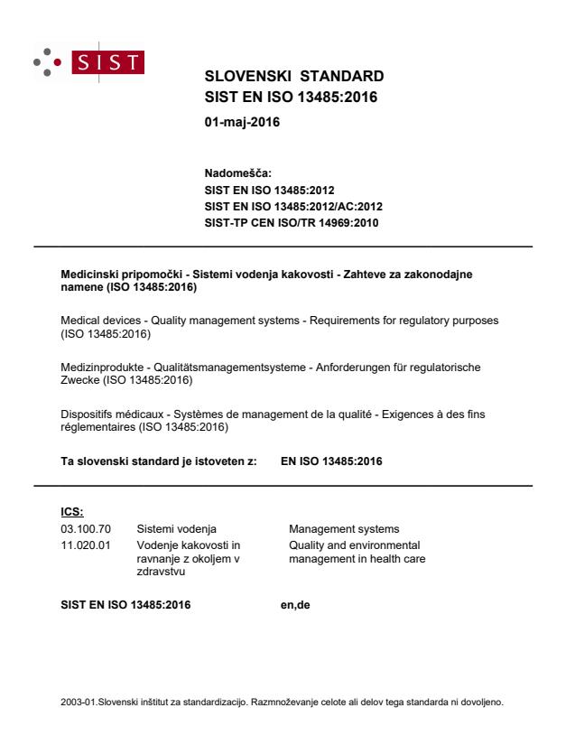 SIST EN ISO 13485:2016 (DE)