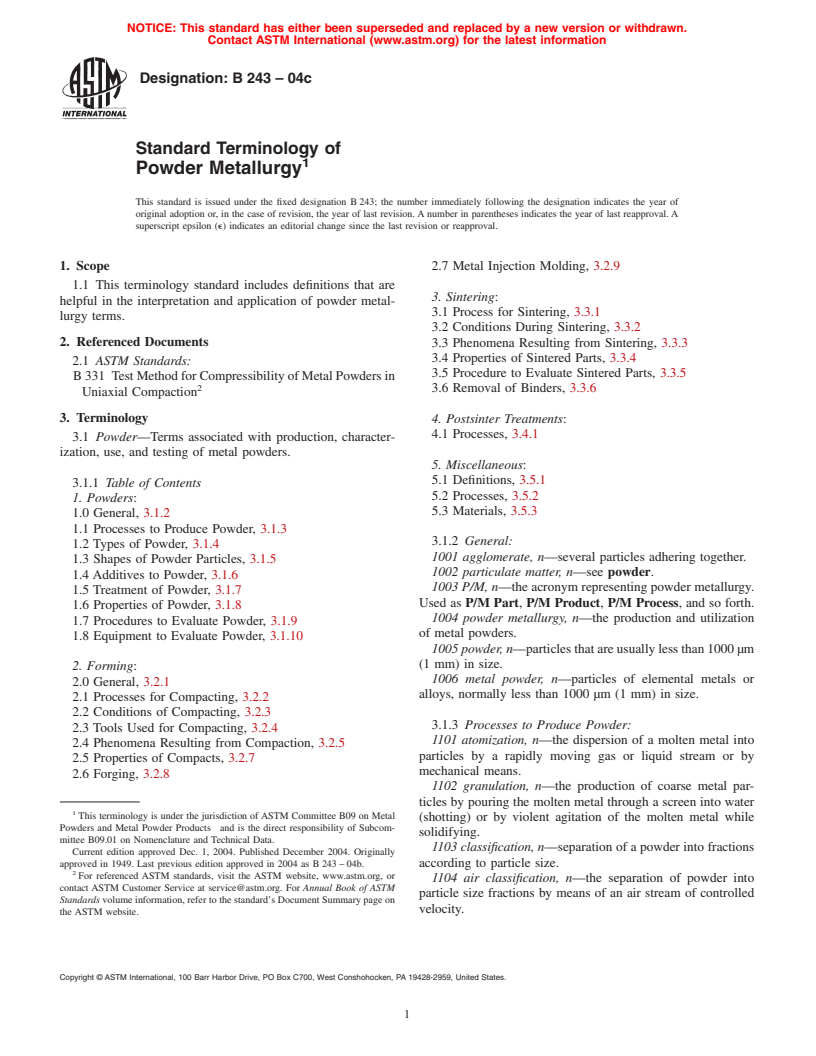 ASTM B243-04c - Standard Terminology of Powder Metallurgy