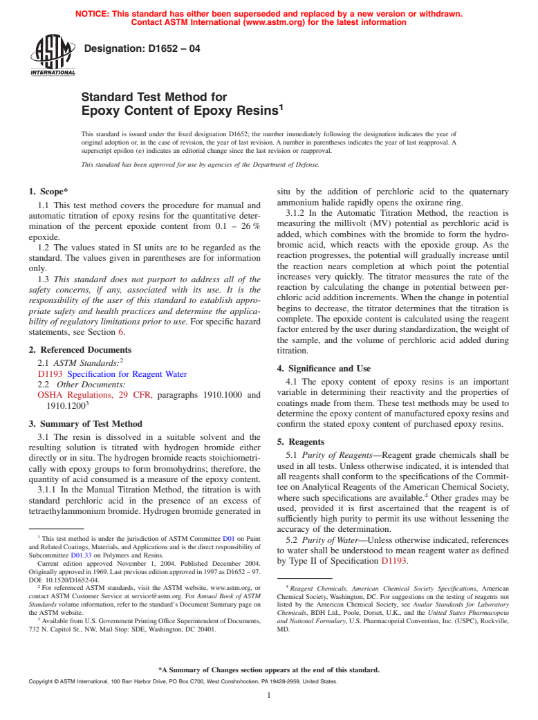 ASTM D1652-04 - Standard Test Method for Epoxy Content of Epoxy Resins