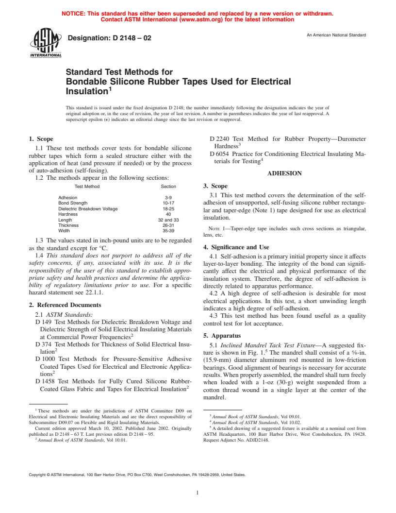 ASTM D2148-02 - Standard Test Methods for Bondable Silicone Rubber Tapes Used for Electrical Insulation