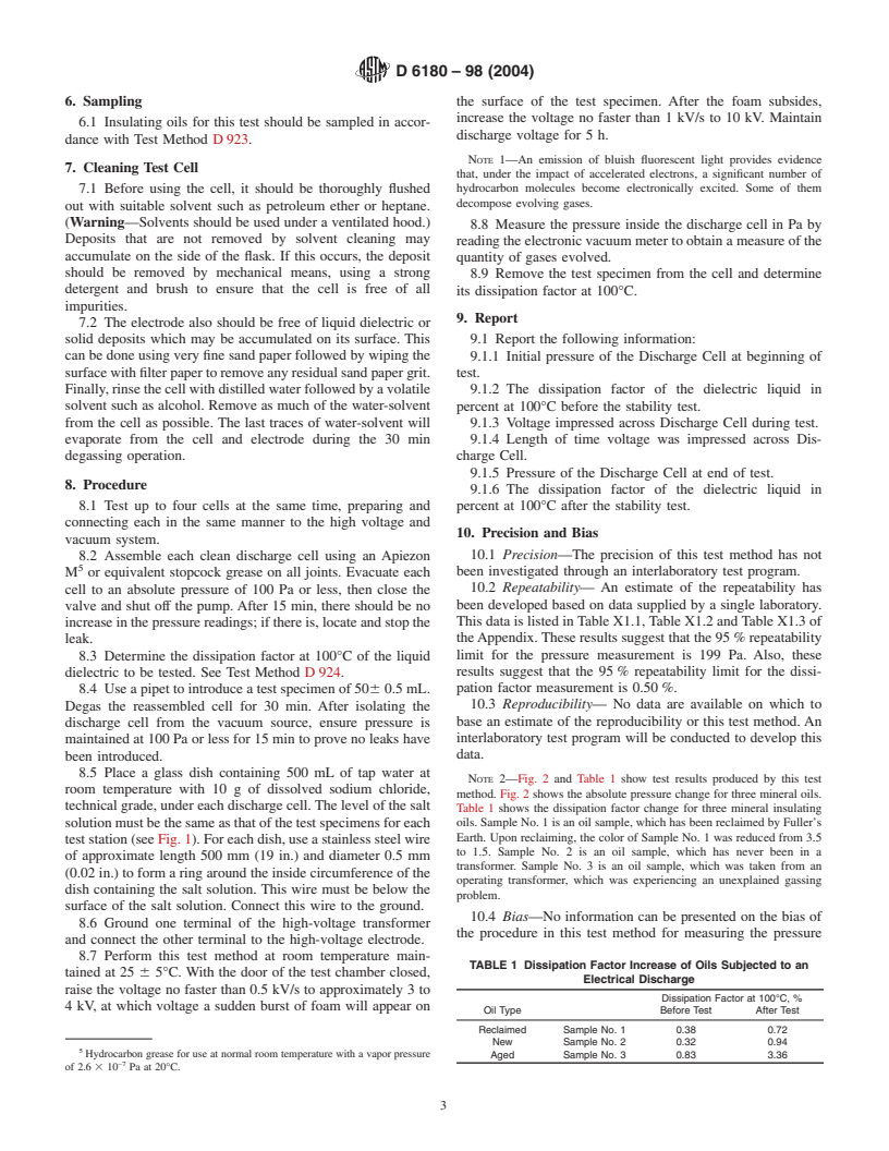 ASTM D6180-98(2004) - Standard Test Method for Stability of Insulating Oils of Petroleum Origin Under Electrical Discharge