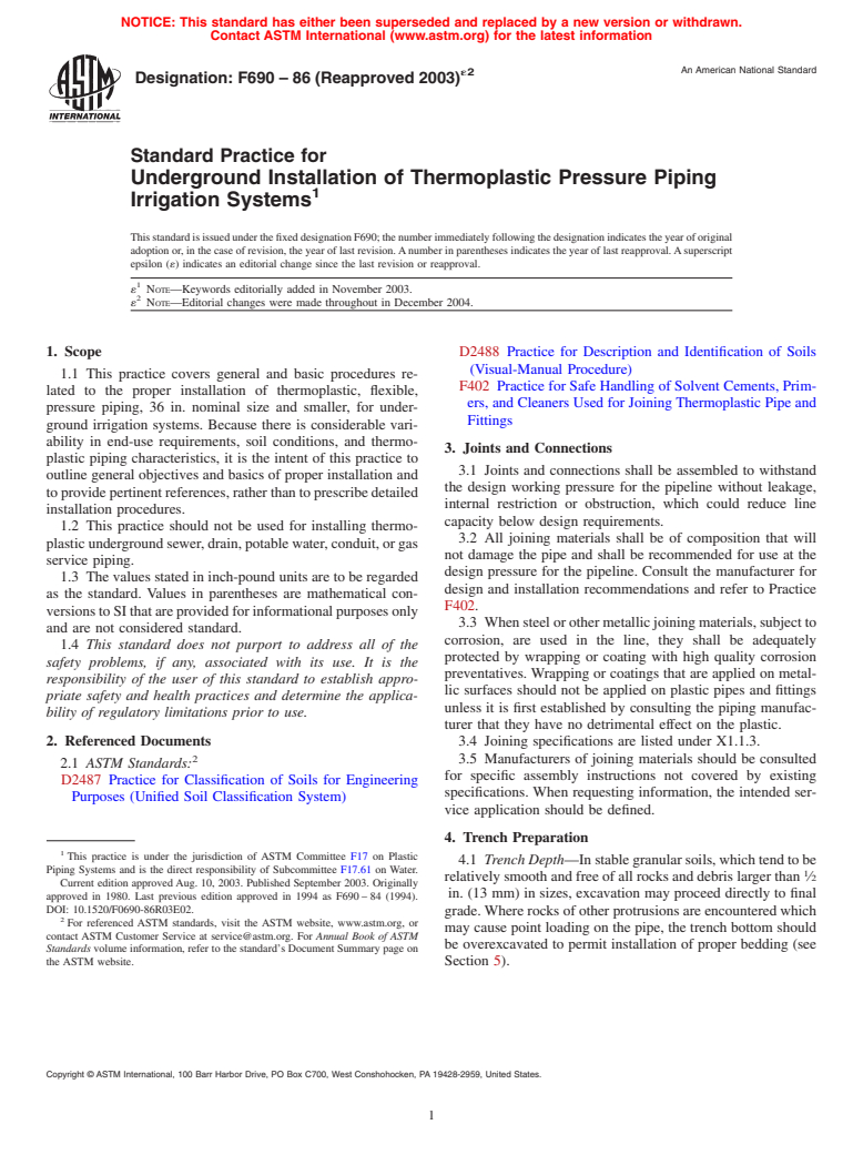 ASTM F690-86(2003)e2 - Standard Practice for Underground Installation of Thermoplastic Pressure Piping Irrigation Systems (Withdrawn 2012)