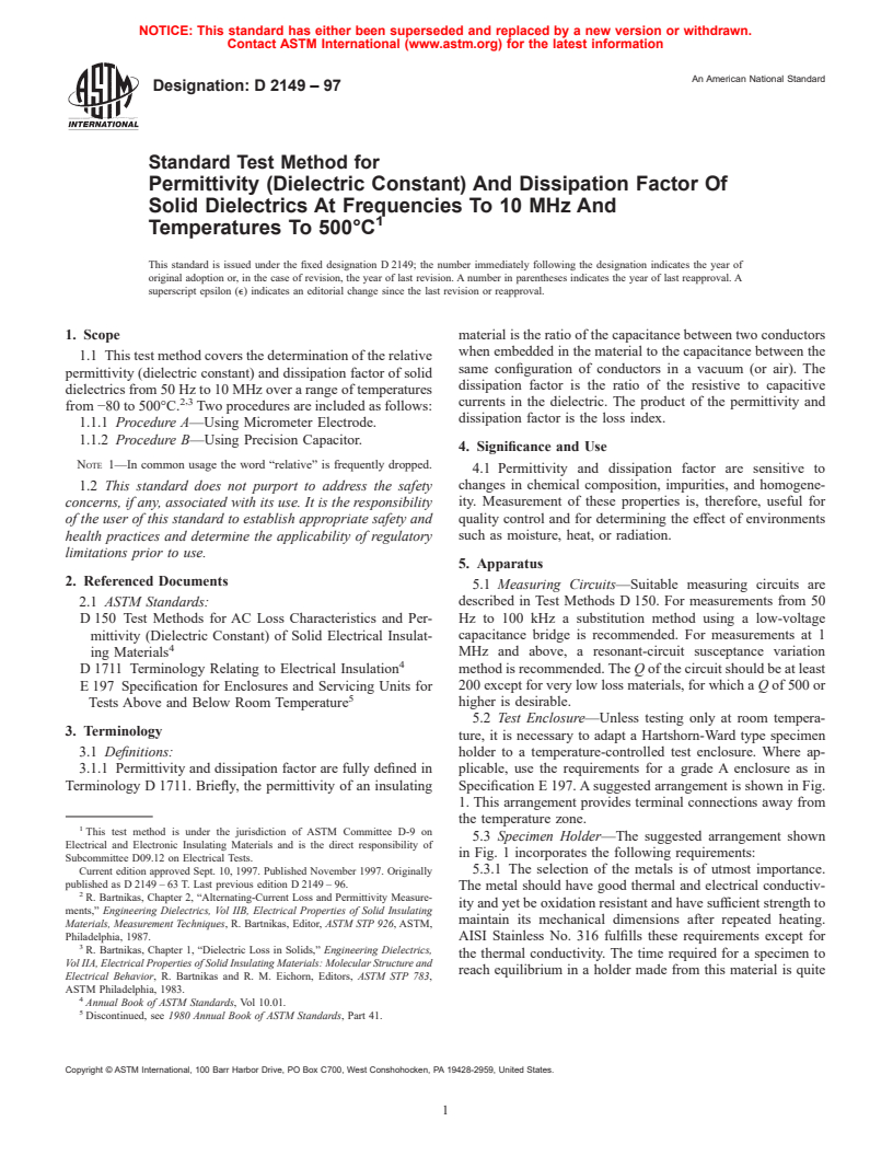 ASTM D2149-97 - Standard Test Method for Permittivity (Dielectric Constant) And Dissipation Factor Of Solid Ceramic Dielectrics At Frequencies To 10 MHz And Temperatures To 500&#176C