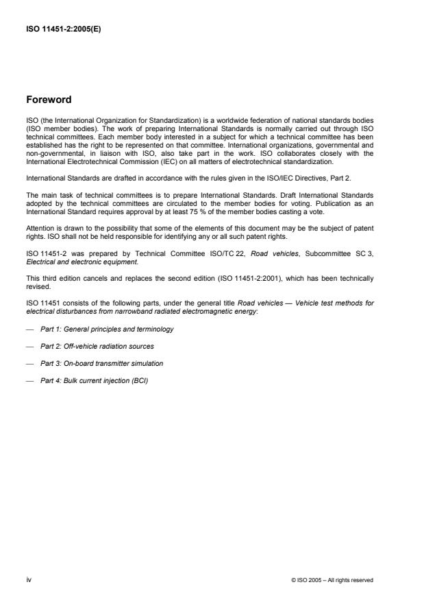 ISO 11451-2:2005 ISO 11451-2:2005 - Road vehicles -- Vehicle test methods for electrical disturbances from narrowband radiated electromagnetic energy - Page 4 preview