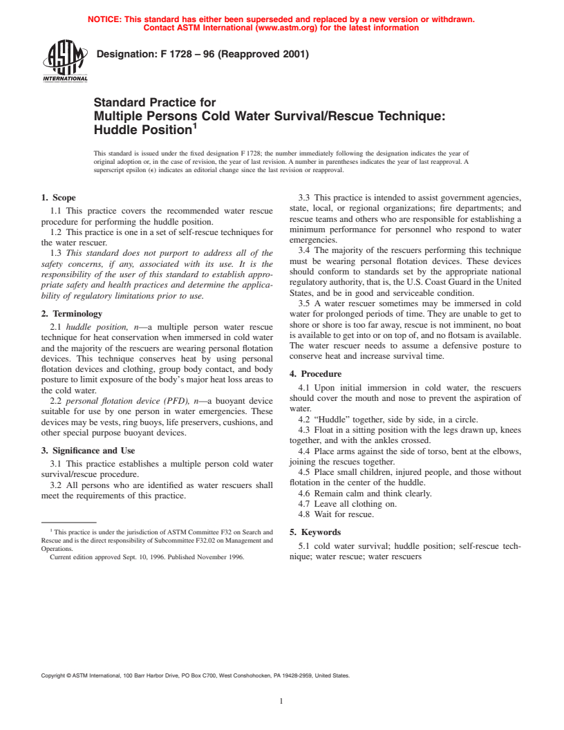 ASTM F1728-96(2001) - Standard Practice for Multiple Persons Cold Water Survival/Rescue Technique: Huddle Position