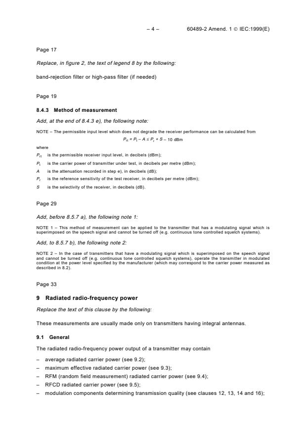 IEC 60489-2:1991/AMD1:1999 IEC 60489-2:1991/AMD1:1999 - Amendment 1 - Methods of measurement for radio equipment used in the mobile services - Part 2: Transmitters employing A3E, F3E or G3E emissions - Page 4 preview