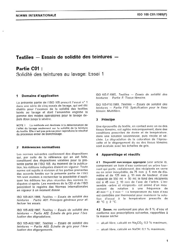 ISO 105-C01:1989 - Textiles -- Essais de solidité des teintures