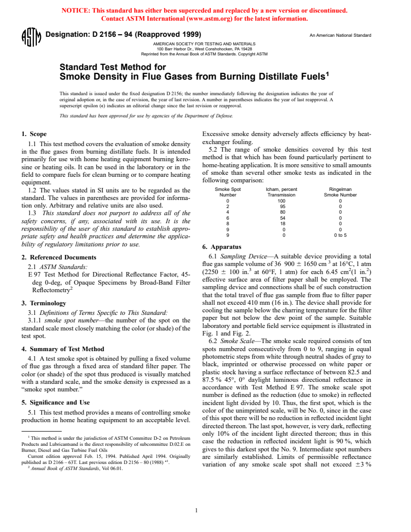 ASTM D2156-94(1999) - Standard Test Method for Smoke Density in Flue Gases from Burning Distillate Fuels