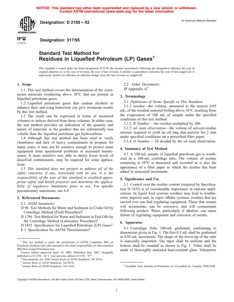 ASTM D2158-02 - Standard Test Method for Residues in Liquefied Petroleum (LP) Gases