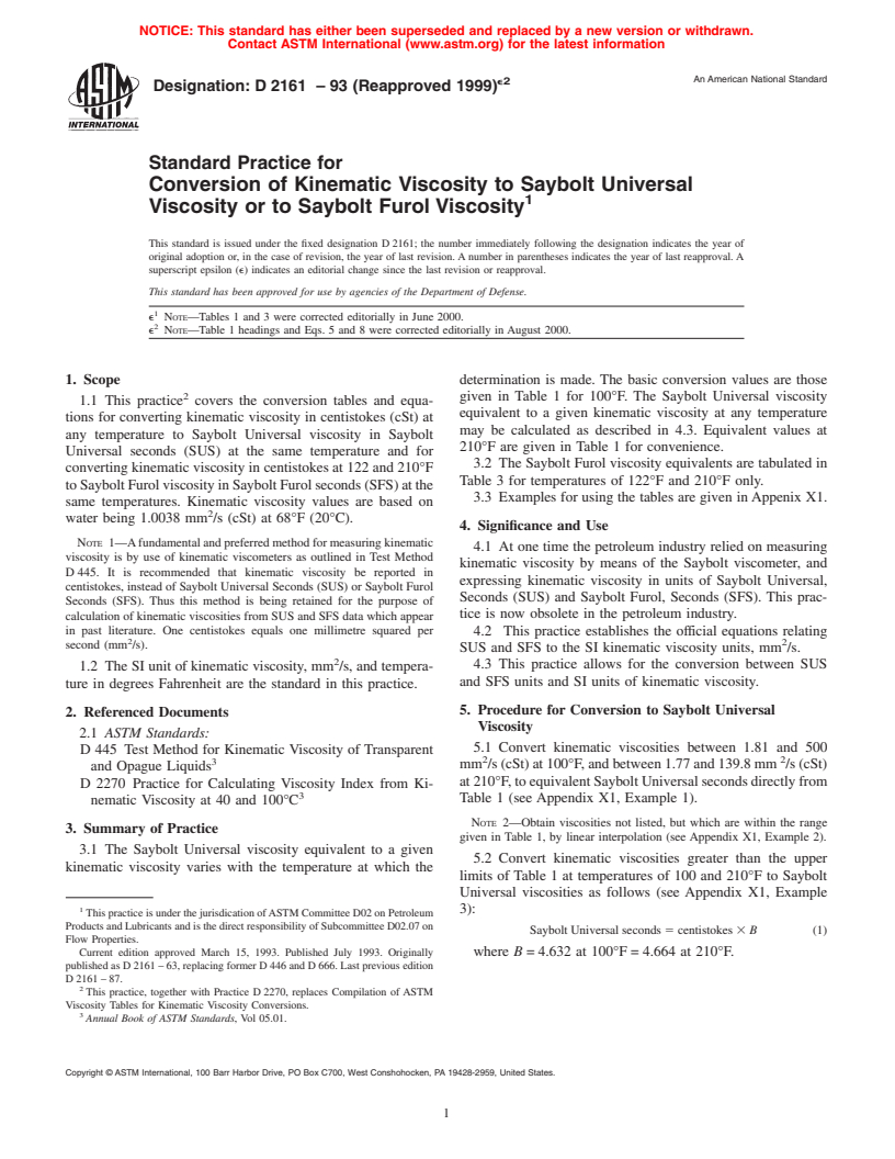 ASTM D2161-93(1999)e2 - Standard Practice for Conversion of Kinematic Viscosity to Saybolt Universal Viscosity or to Saybolt Furol Viscosity