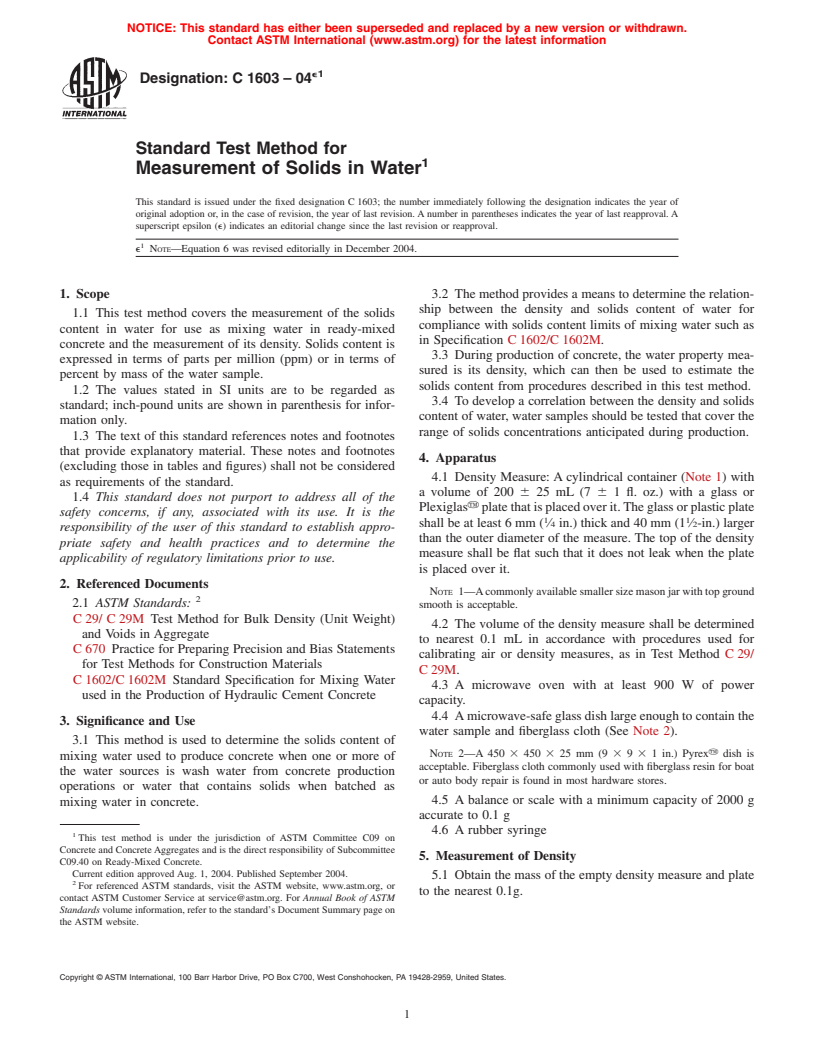 ASTM C1603-04e1 - Standard Test Method for Measurement of Solids in Water