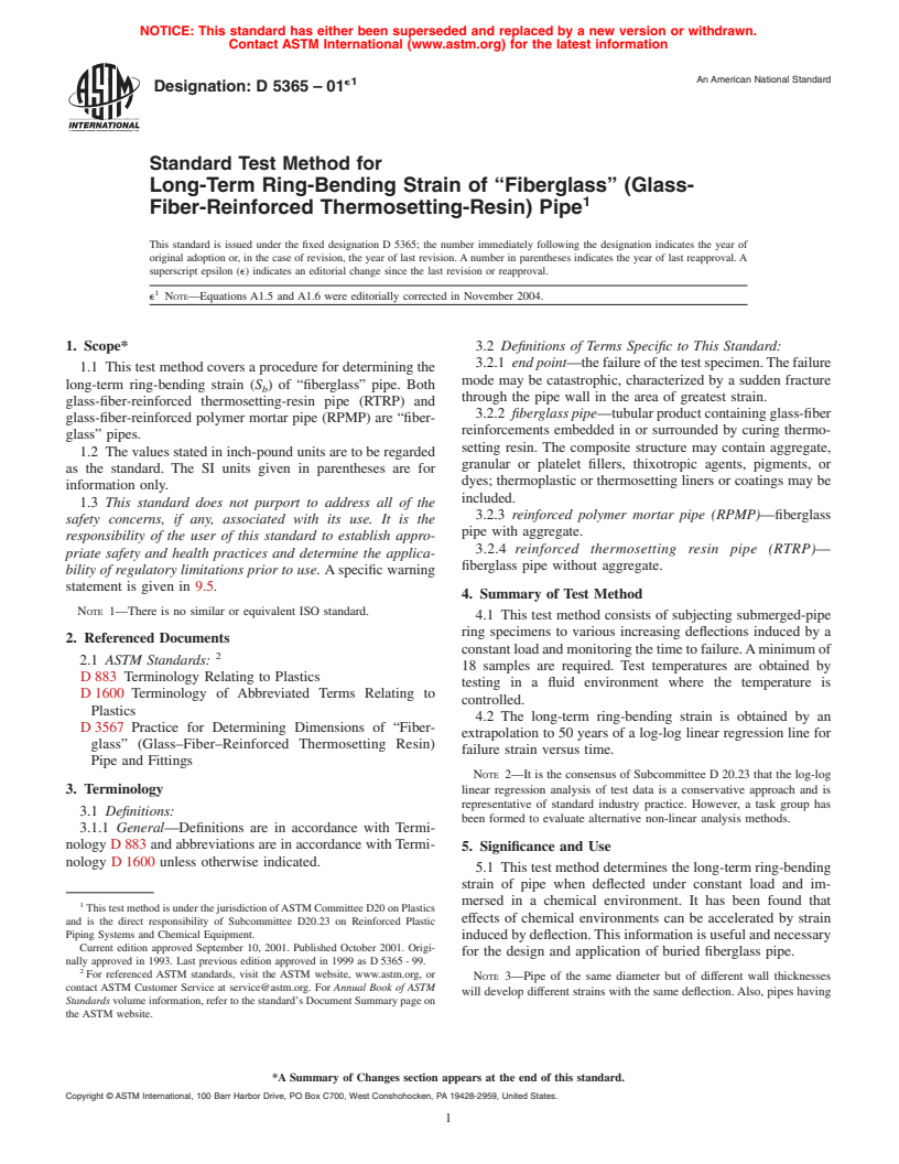 ASTM D5365-01e1 - Standard Test Method for Long-Term Ring-Bending Strain of "Fiberglass" (Glass-Fiber-Reinforced Thermosetting-Resin) Pipe