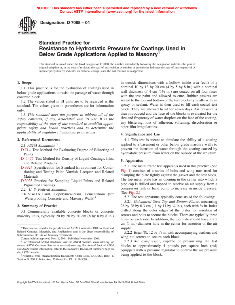 ASTM D7088-04 - Standard Practice for Resistance to Hydrostatic Pressure for Coatings Used in Below Grade Applications Applied to Masonry