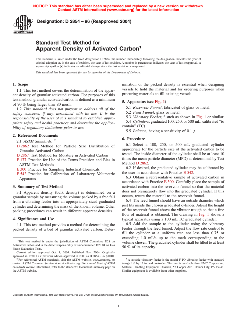 ASTM D2854-96(2004) - Standard Test Method for Apparent Density of Activated Carbon