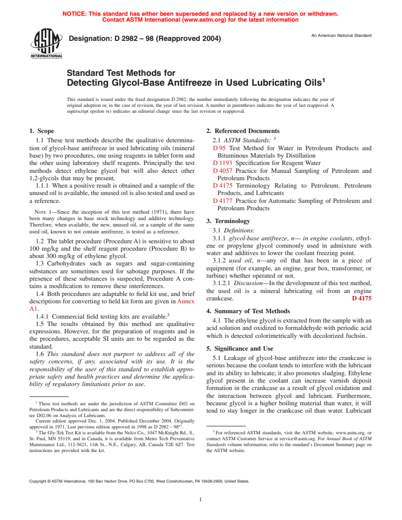 ASTM D2982-98(2004) - Standard Test Methods for Detecting Glycol-Base Antifreeze in Used Lubricating Oils