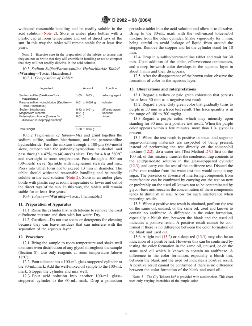 ASTM D2982-98(2004) - Standard Test Methods for Detecting Glycol-Base Antifreeze in Used Lubricating Oils