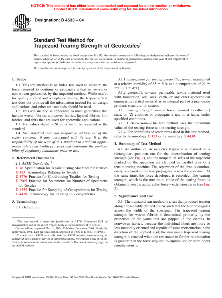 ASTM D4533-04 - Standard Test Method for Trapezoid Tearing Strength of Geotextiles