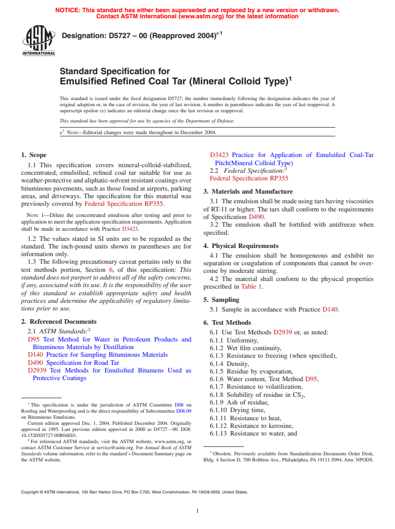 ASTM D5727-00(2004)e1 - Standard Specification for Emulsified Refined Coal Tar (Mineral Colloid Type)