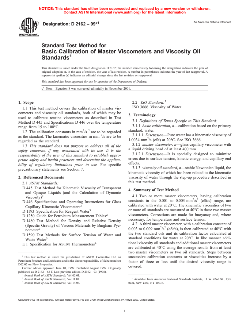 ASTM D2162-99e1 - Standard Test Method for Basic Calibration of Master Viscometers and Viscosity Oil Standards