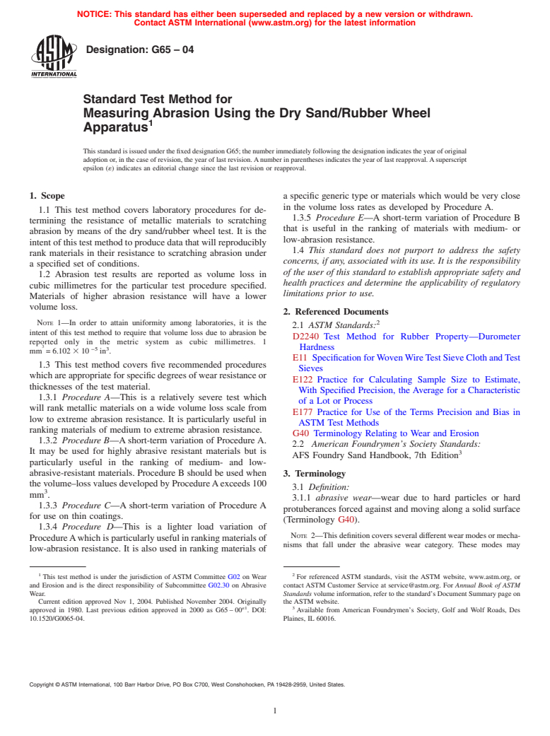 ASTM G65-04 - Standard Test Method for Measuring Abrasion Using the Dry Sand/Rubber Wheel Apparatus