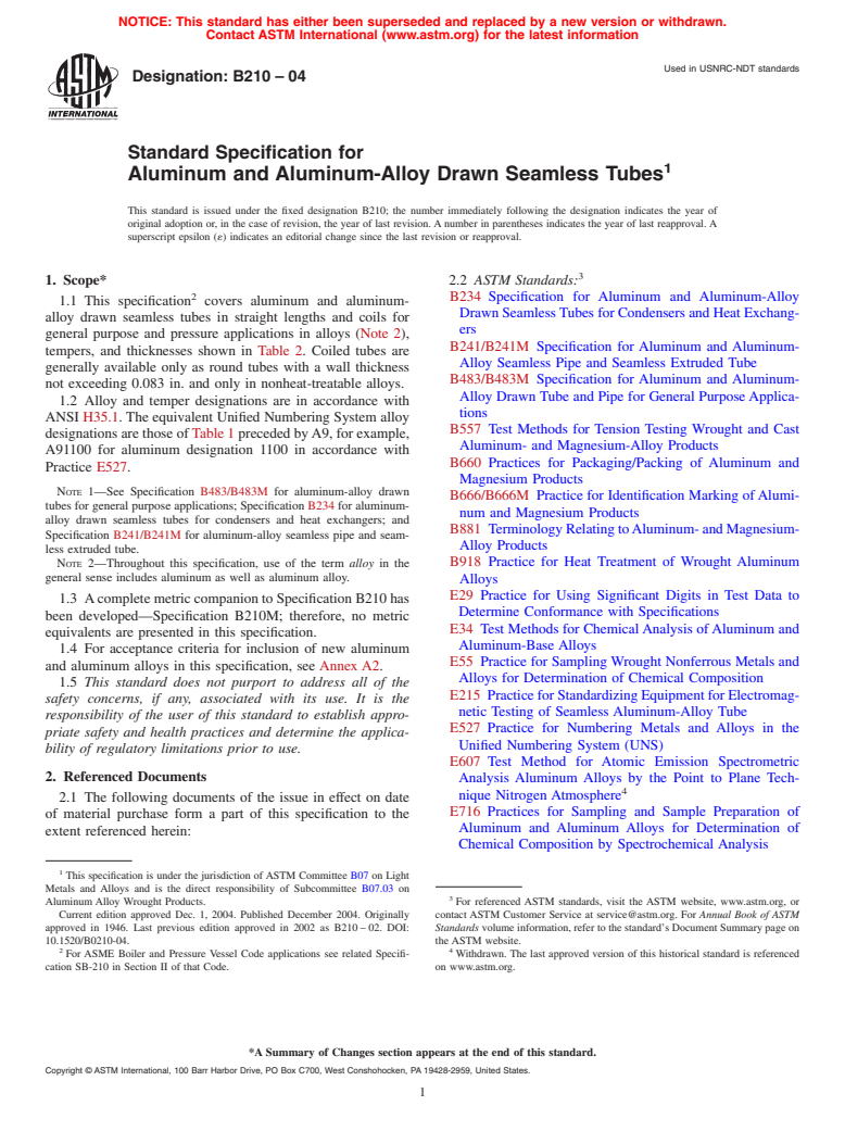 ASTM B210-04 - Standard Specification for Aluminum and Aluminum-Alloy Drawn Seamless Tubes