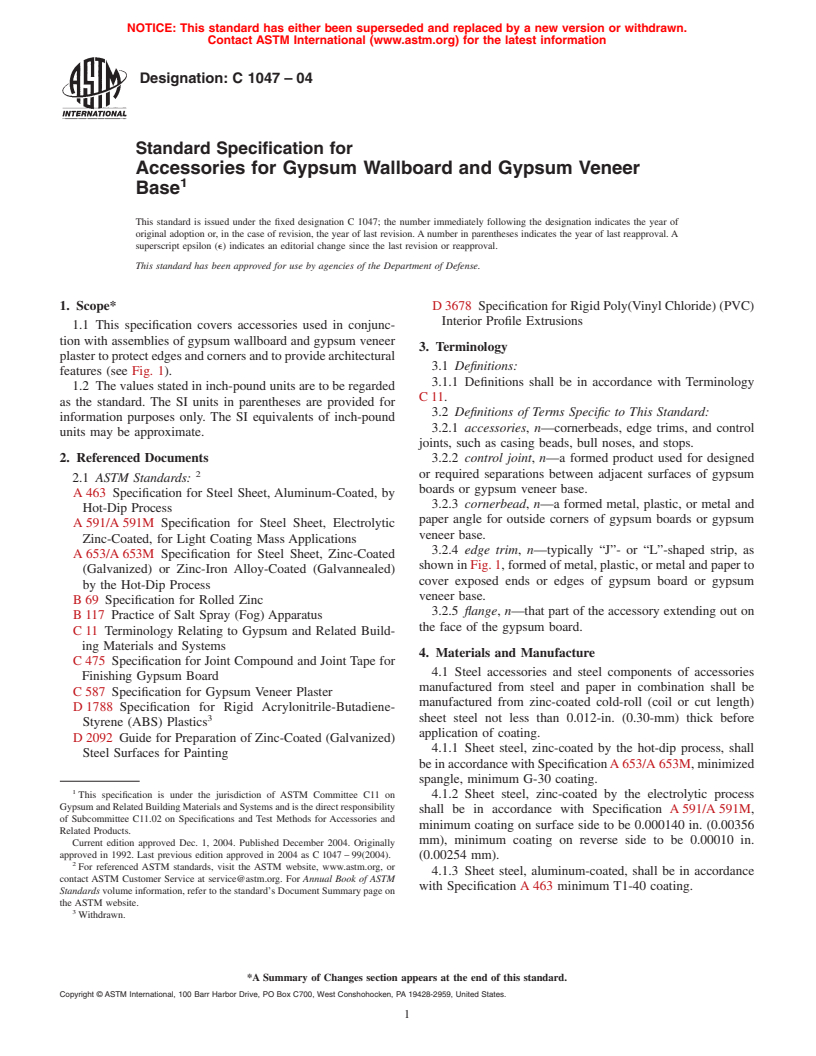 ASTM C1047-04 - Standard Specification for Accessories for Gypsum Wallboard and Gypsum Veneer Base