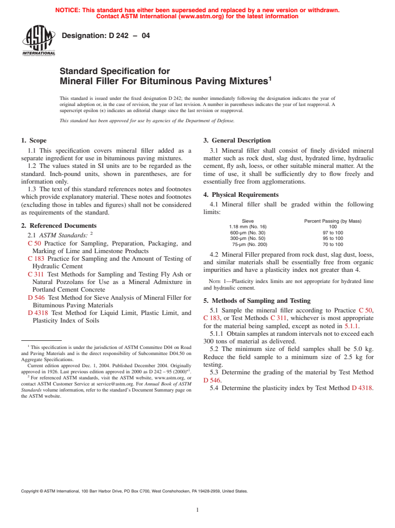 ASTM D242-04 - Standard Specification for Mineral Filler For Bituminous Paving Mixtures