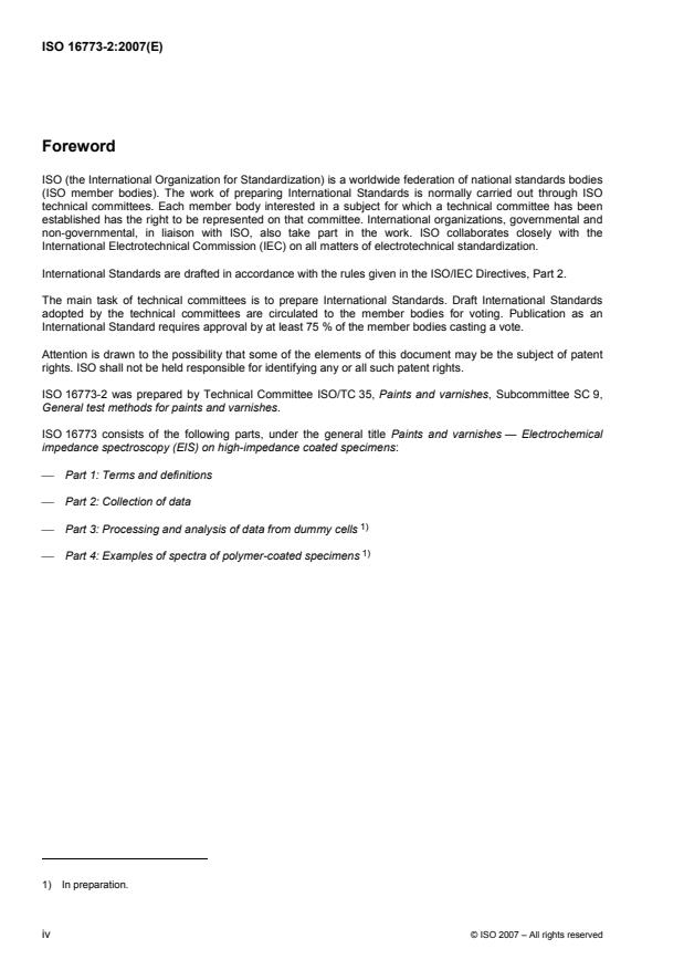 ISO 16773-2:2007 ISO 16773-2:2007 - Paints and varnishes -- Electrochemical impedance spectroscopy (EIS) on high-impedance coated specimens - Page 4 preview