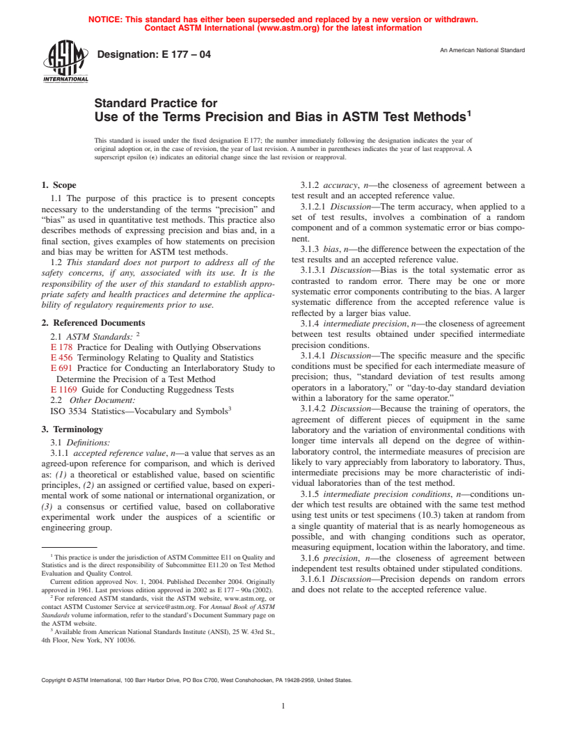 ASTM E177-04 - Standard Practice for Use of the Terms Precision and Bias in ASTM Test Methods
