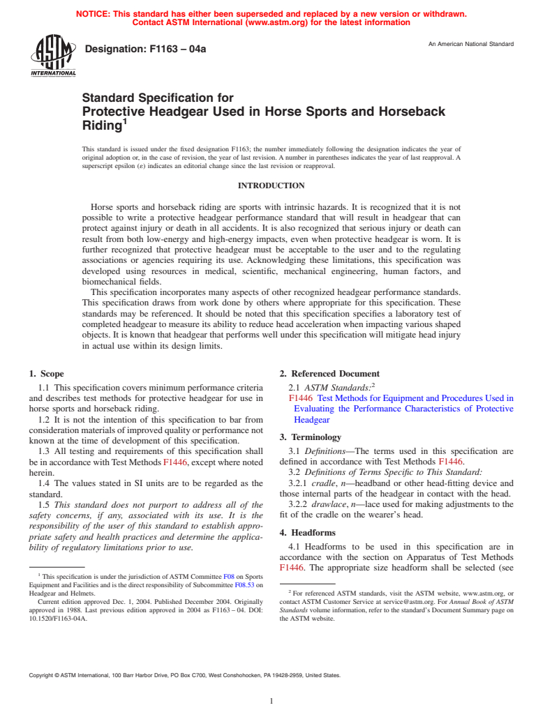 ASTM F1163-04a - Standard Specification for Protective Headgear Used in Horse Sports and Horseback Riding