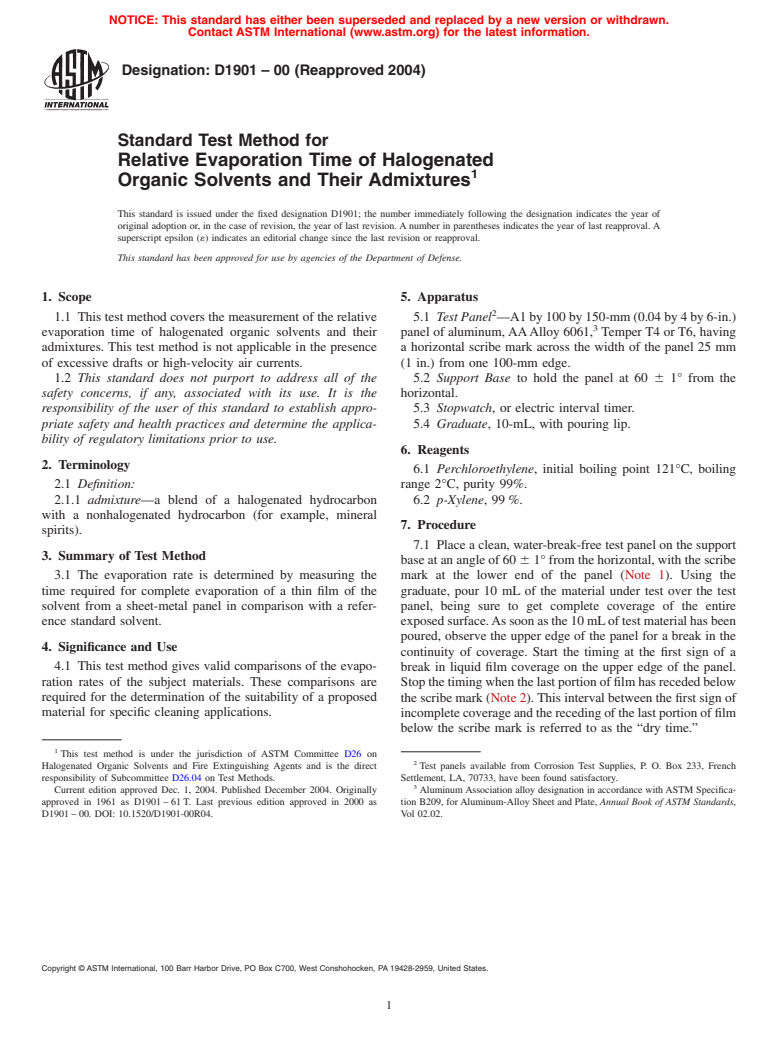 ASTM D1901-00(2004) - Standard Test Method for Relative Evaporation Time of Halogenated Organic Solvents and Their Admixtures