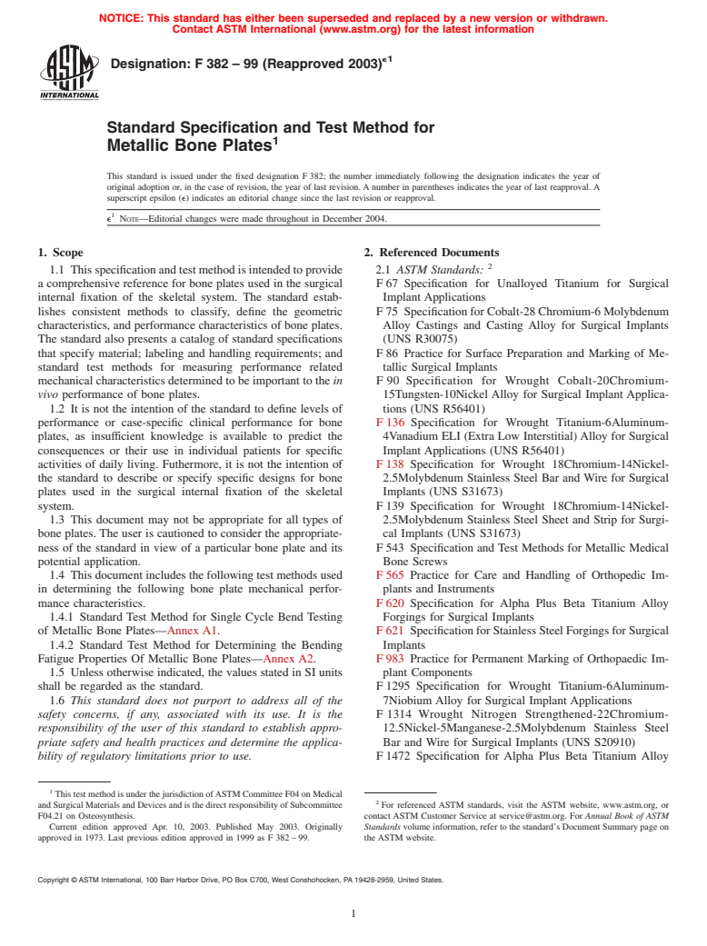 ASTM F382-99(2003)e1 - Standard Specification and Test Method for Metallic Bone Plates