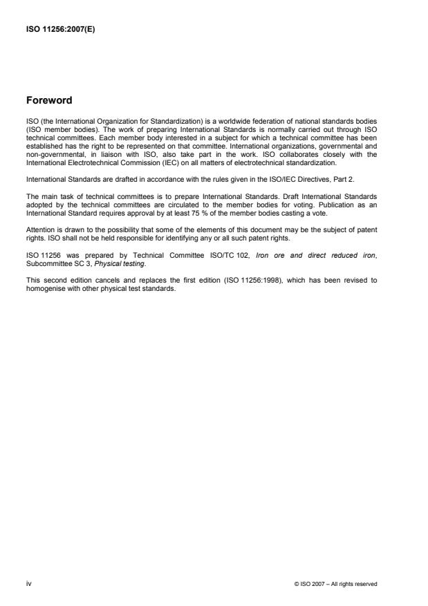 ISO 11256:2007 ISO 11256:2007 - Iron ore pellets for shaft direct-reduction feedstocks -- Determination of the clustering index - Page 4 preview