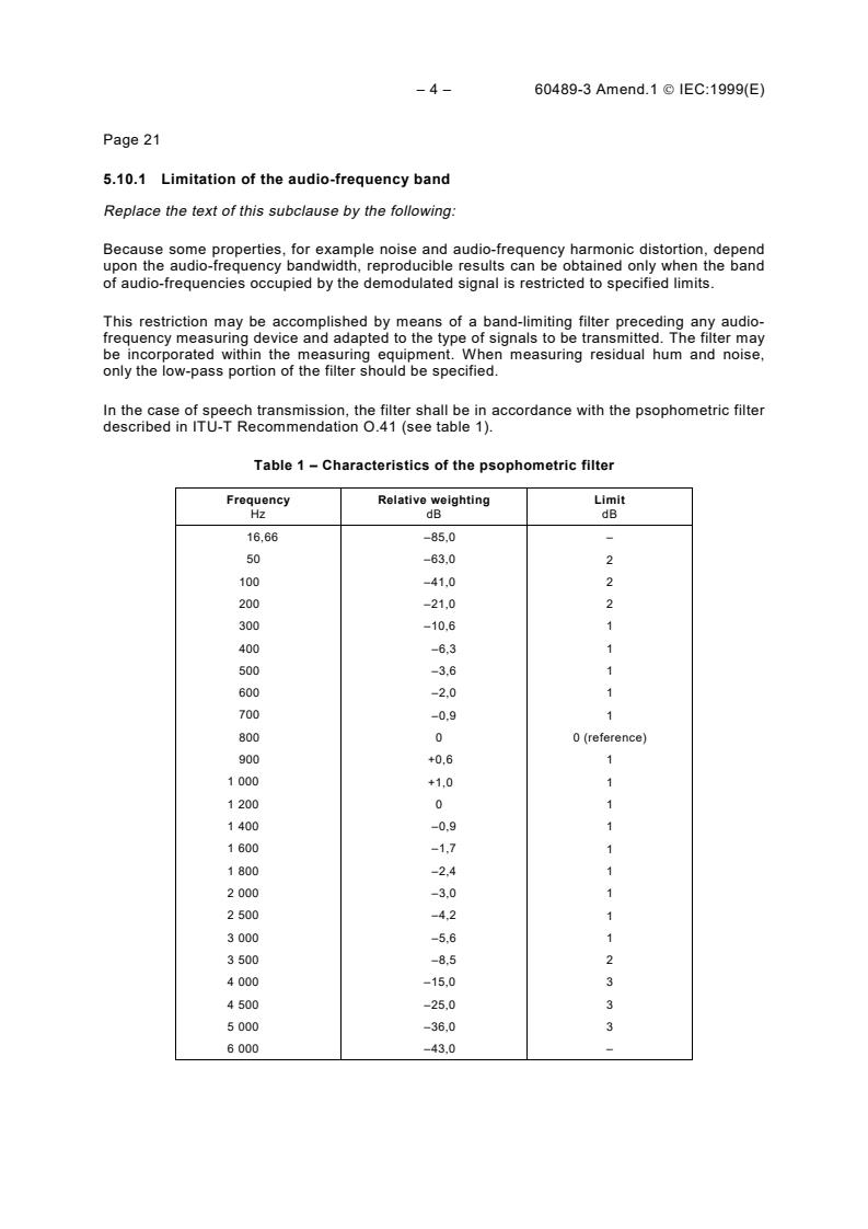 IEC 60489-3:1988/AMD1:1999 IEC 60489-3:1988/AMD1:1999 - Amendment 1 - Methods of measurement for radio equipment used in the mobile services - Part 3: Receivers employing A3E, F3E or G3E emissions - Page 4 preview